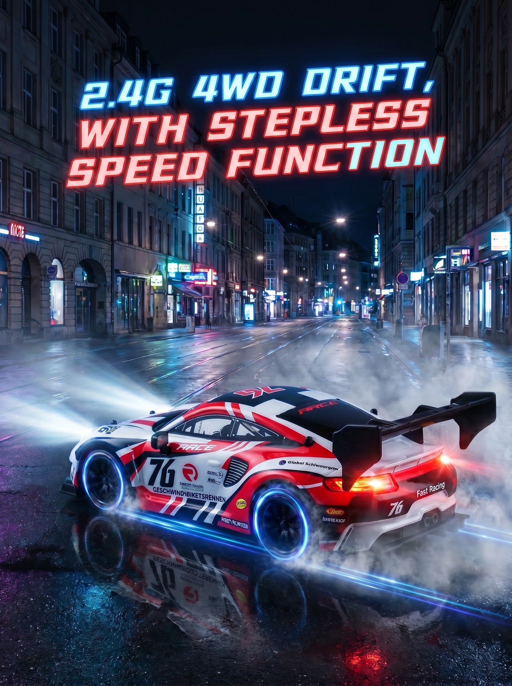 Voiture de Drift RC 4WD Haute Vitesse 1:24, 2,4 g, Moteur 25000 RPM, Pneus de Drift et Lumières LED, Cadeau de Course Intérieure de 50 m pour Enfants et Adolescents, One Piece en Blanc