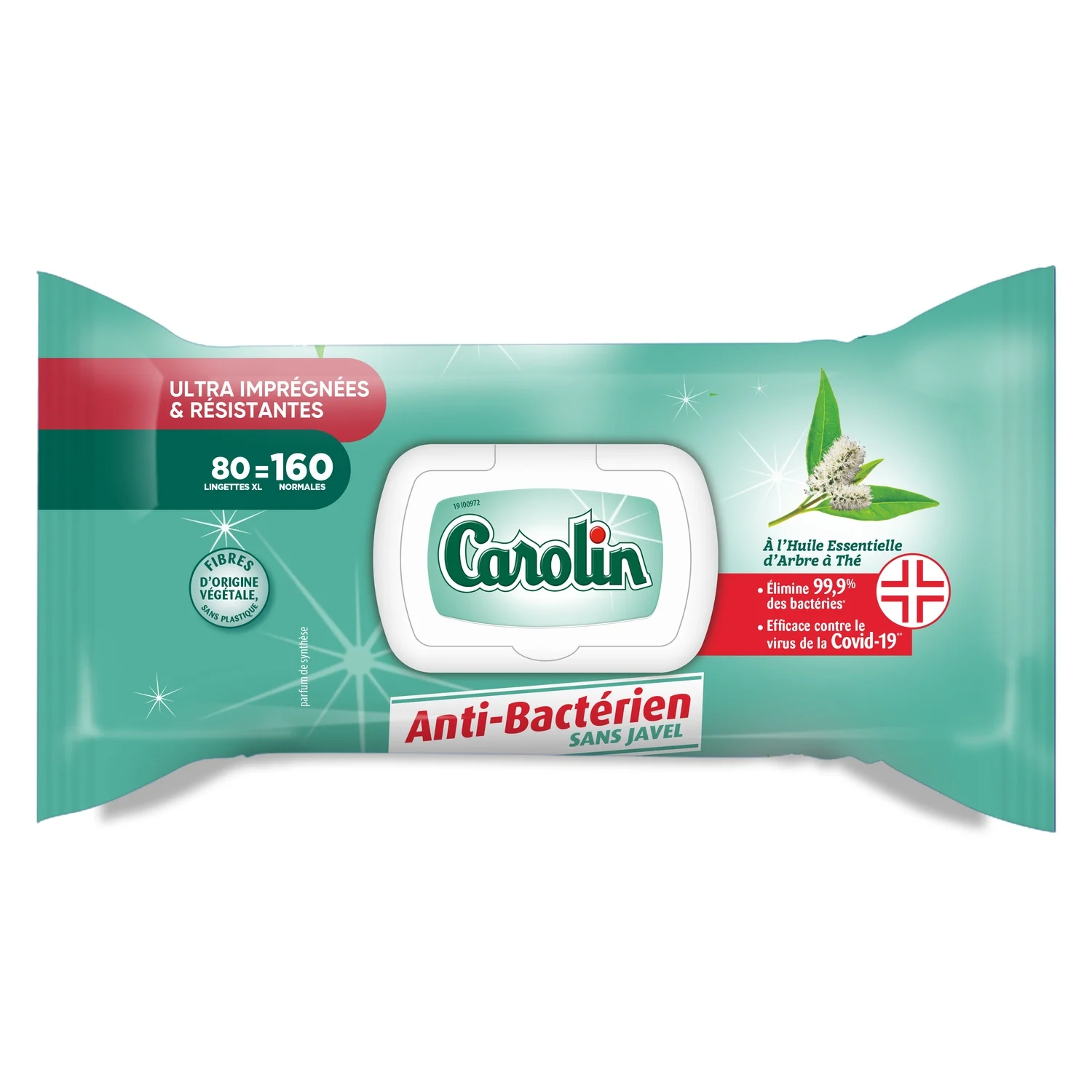 Carolin Lingettes antibactériennes multi-surfaces ultra-imprégnées, huile essentielle d'arbre à thé, 80 unités