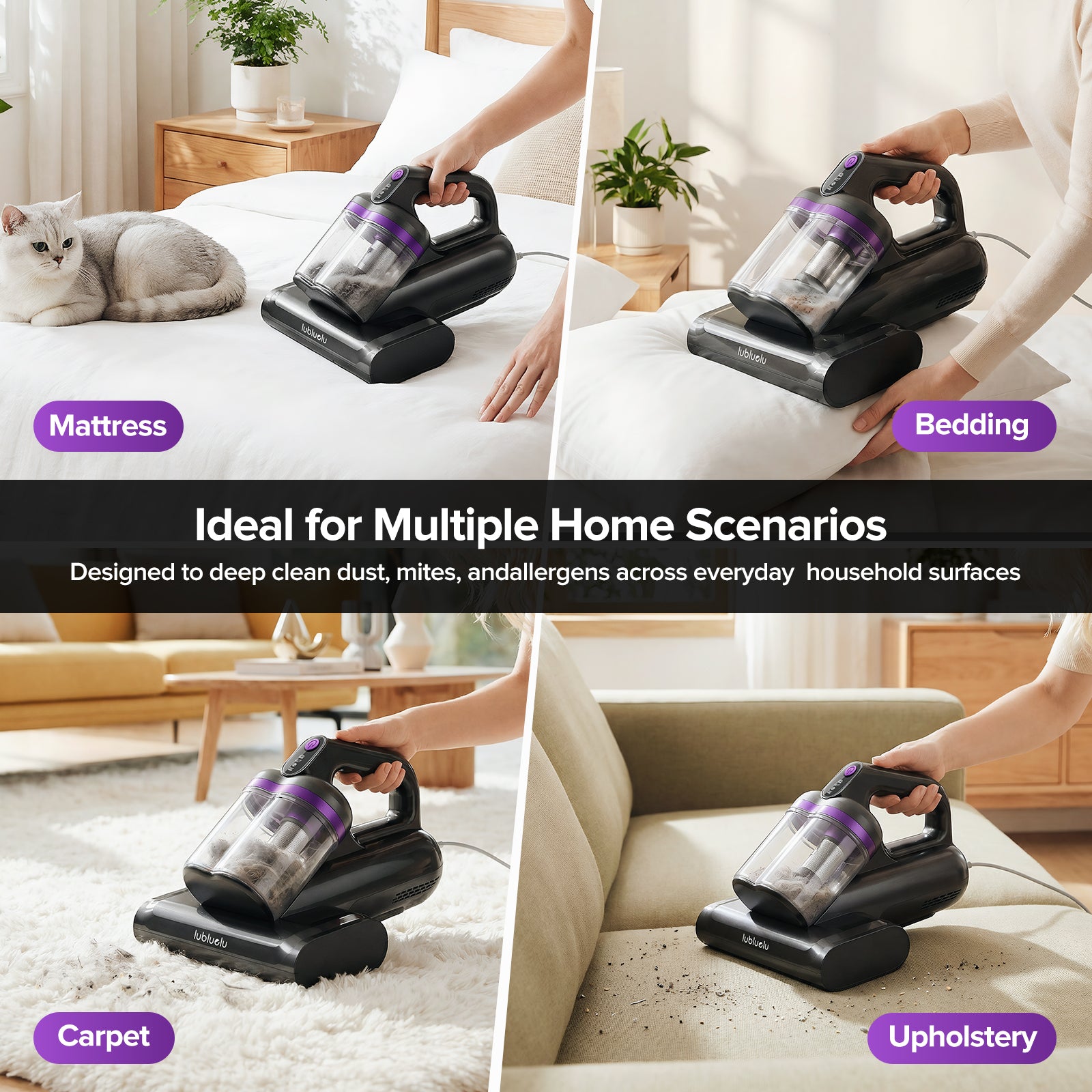 Lubluelu Aspirateur matelas UV anti-acariens CM208 aspiration 15 kPa séchage à l'air chaud 55 °C