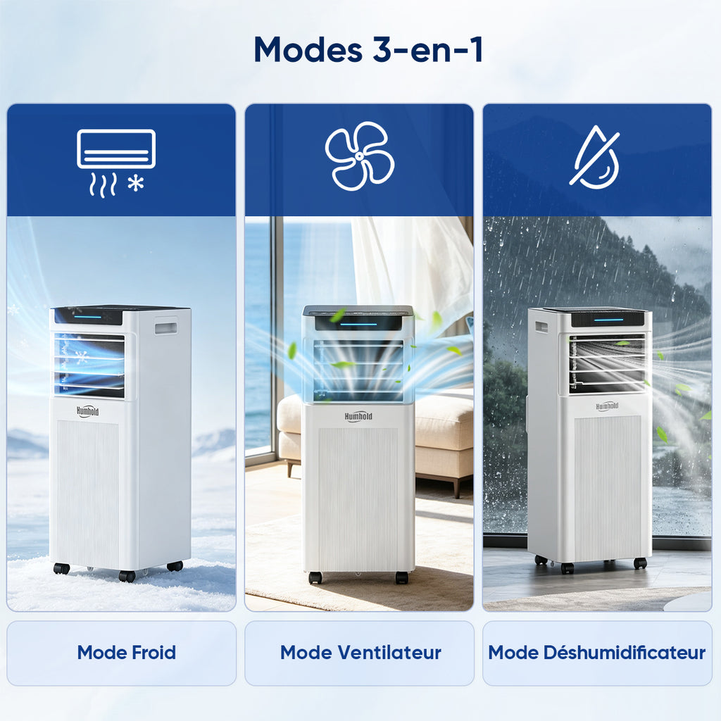 Humhold 9000 BTU climatiseur portable, unité de climatisation 3 en 1 de 2,6 kW pour pièces jusqu'à 30 m², avec modes refroidissement, déshumidification et ventilation