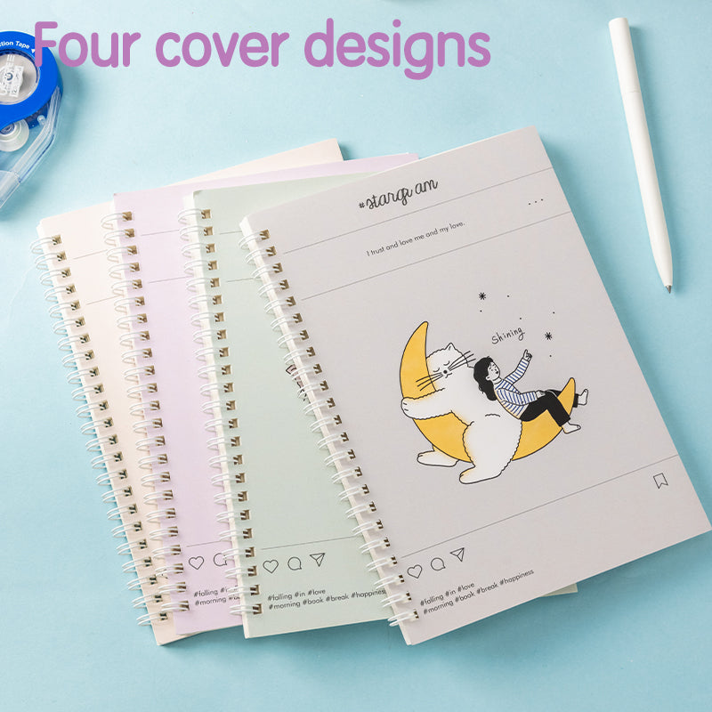 Deli Carnet à spirale, A5 (148 x 210 mm), 60 feuilles/120 pages, 70 g/m² - Parfait pour les étudiants, le bureau et le journaling, Série Meow Time, Lot de 4