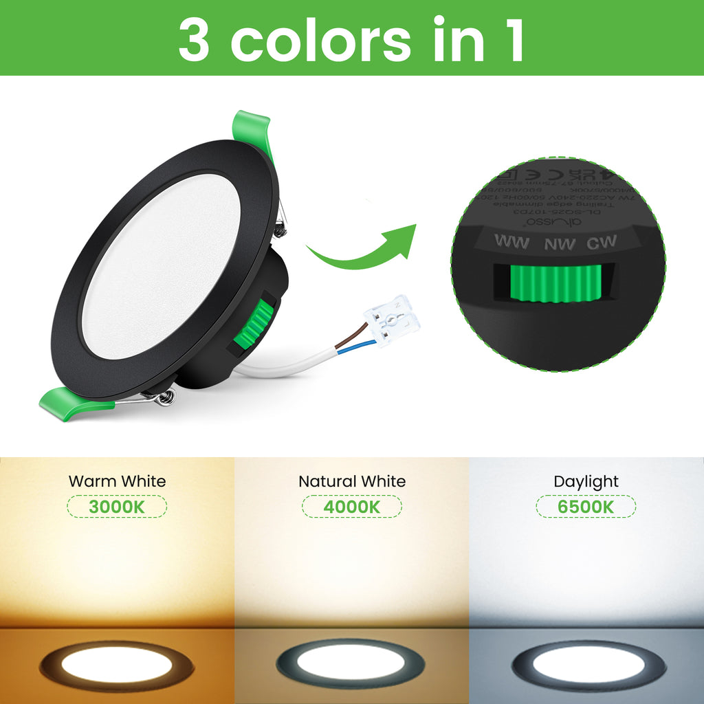 ALIPODLAX Spot encastré LED ultra-plat à intensité variable, IP65, 230 V, 7 W, Noir, Blanc chaud/neutre/froid