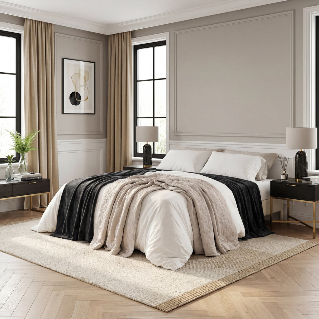 Plaid Polaire Couverture Canapé - Douillette en Microfibre en Flanelle, Douce et Chaude, Jeté de Canapé Grande Taille, XL 150 x 200 cm, Noir, 90% Polyester