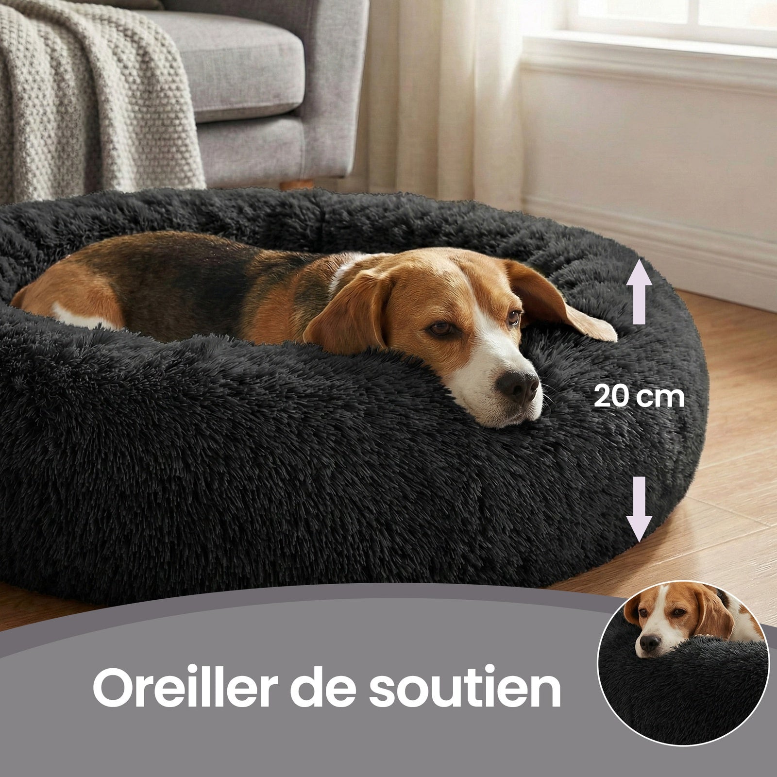 JOYFURNOS Lit donut apaisant moelleux pour chien avec housse amovible lavable, Noir