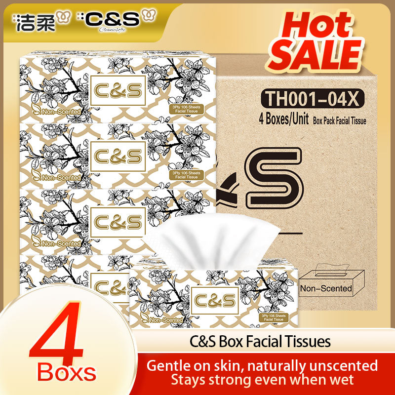 C&S Mouchoirs en boîte, doux et respectueux de la peau, 3 plis, 424 feuilles (4 boîtes × 106 feuilles)