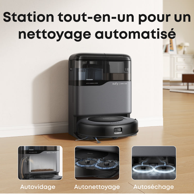 eufy Omni C20 aspirateur robot avec station tout-en-un, vidage automatique, fonction lavage et séchage, 7 000 Pa, design 8,5 cm, fonction essuyage, sécurité enfant