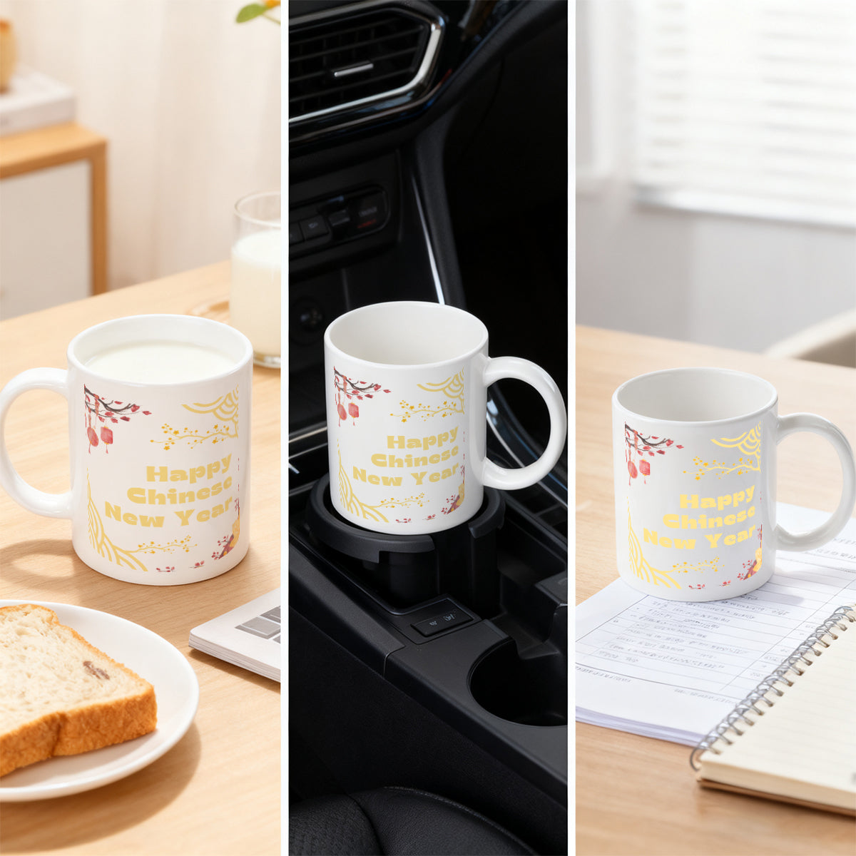 Alphynix 1 pc Tasse Nouvel An chinois 11 oz En céramique Avec lanternes rouges et fleurs de prunier Cadeau de fête pour amis Famille Collègues Cadeau d'anniversaire Saint-Valentin