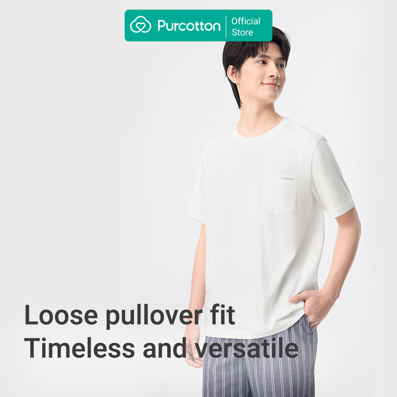 Purcotton Homme Sensation de fraîcheur * Haut en coton hydratant + Short en mousseline Ensemble de maison frais et respirant Hydratant et doux pour l'été - Rayures bleues
