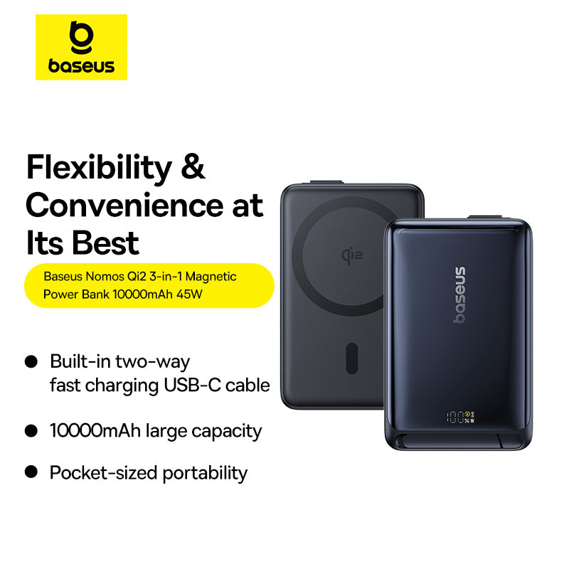 Baseus Nomos Qi2 Batterie portable avec support magnétique filaire USB-C intégré 10000 mAh 45 W - Noir interstellaire