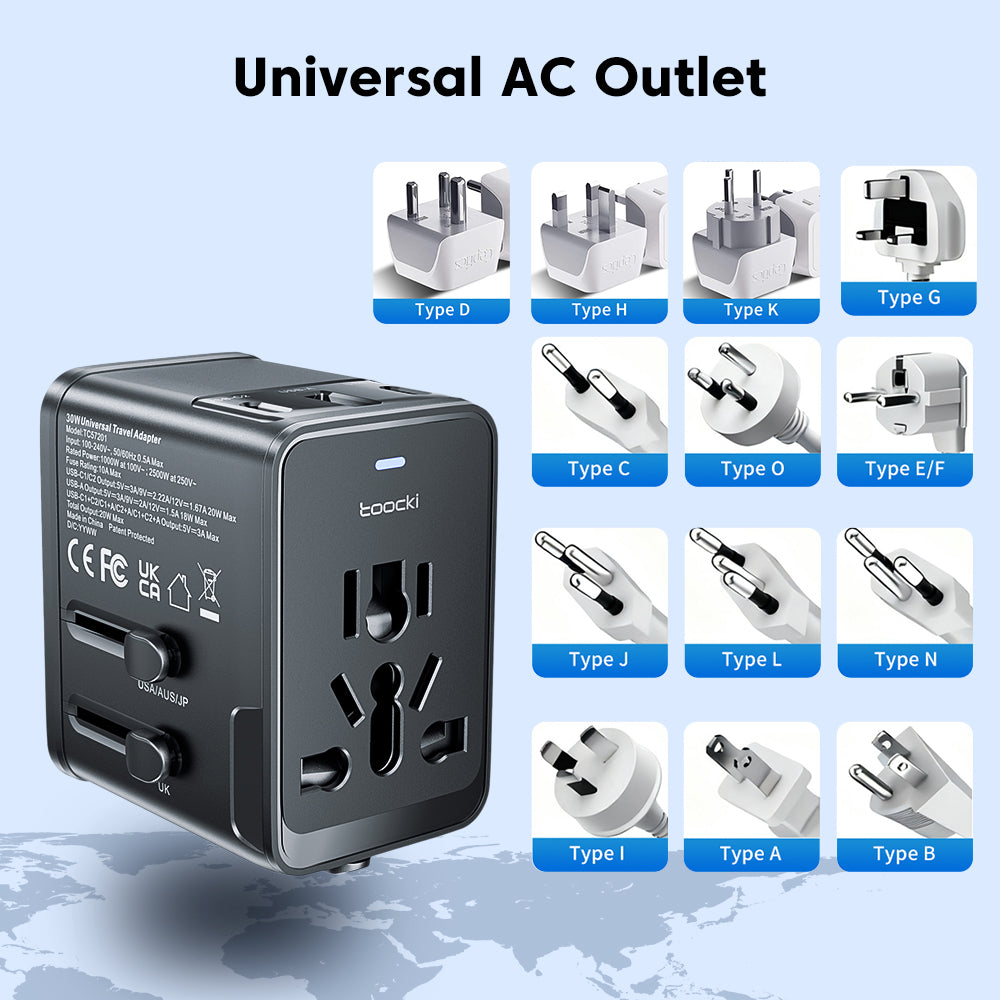 toocki Adaptateur de voyage universel 30 W, chargeur rapide PD – Adaptateur d’alimentation international avec 1 port USB-A et 2 ports USB-C – Adaptateur de prise pour EU, UK, US, AUS