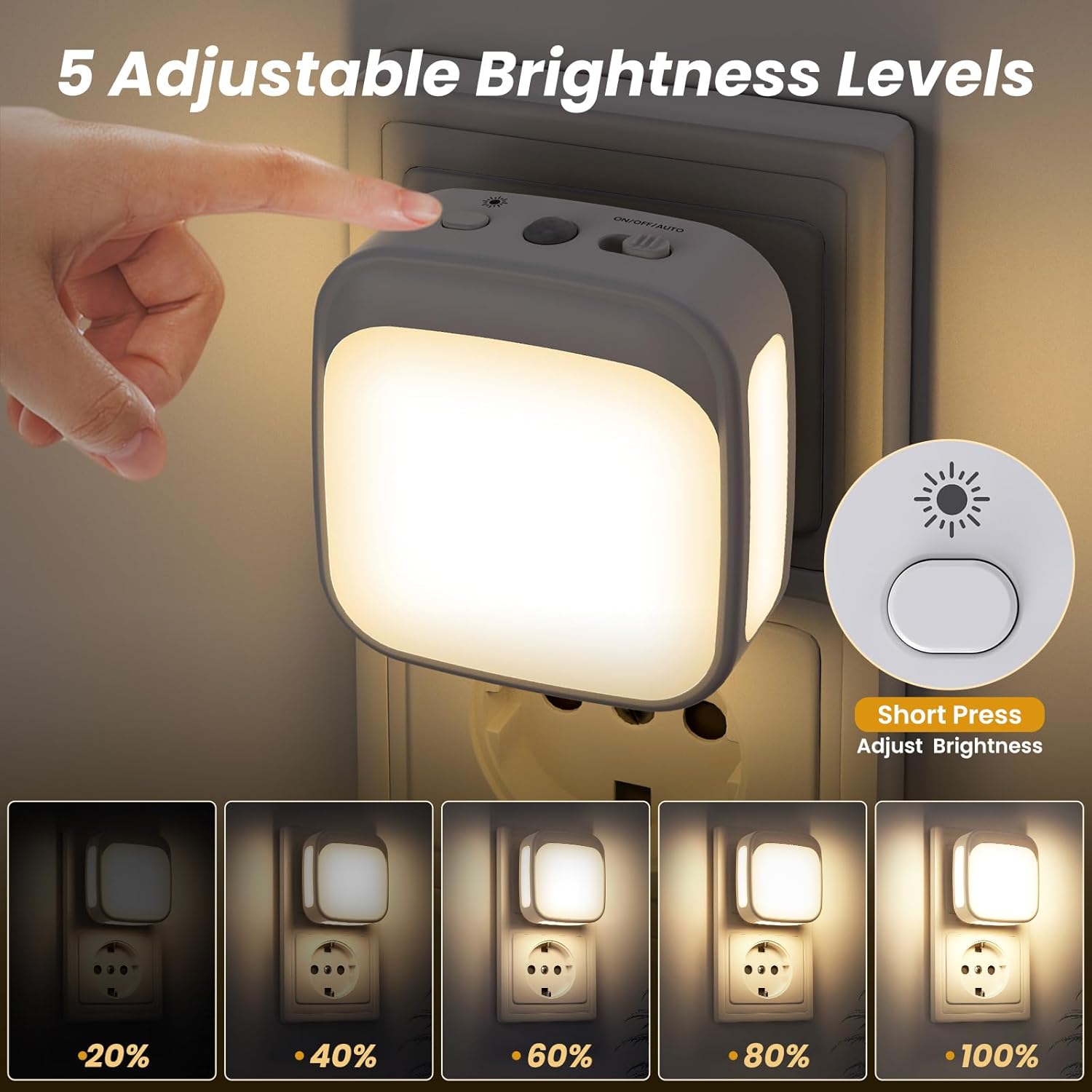 Lot de 2 veilleuses lumineuses avec capteur lumineux, économe en énergie, blanc chaud, éclairage dimmable continu, 0,3 W, 110-240 V, ABS et métal, pour chambre à bébé et couloir