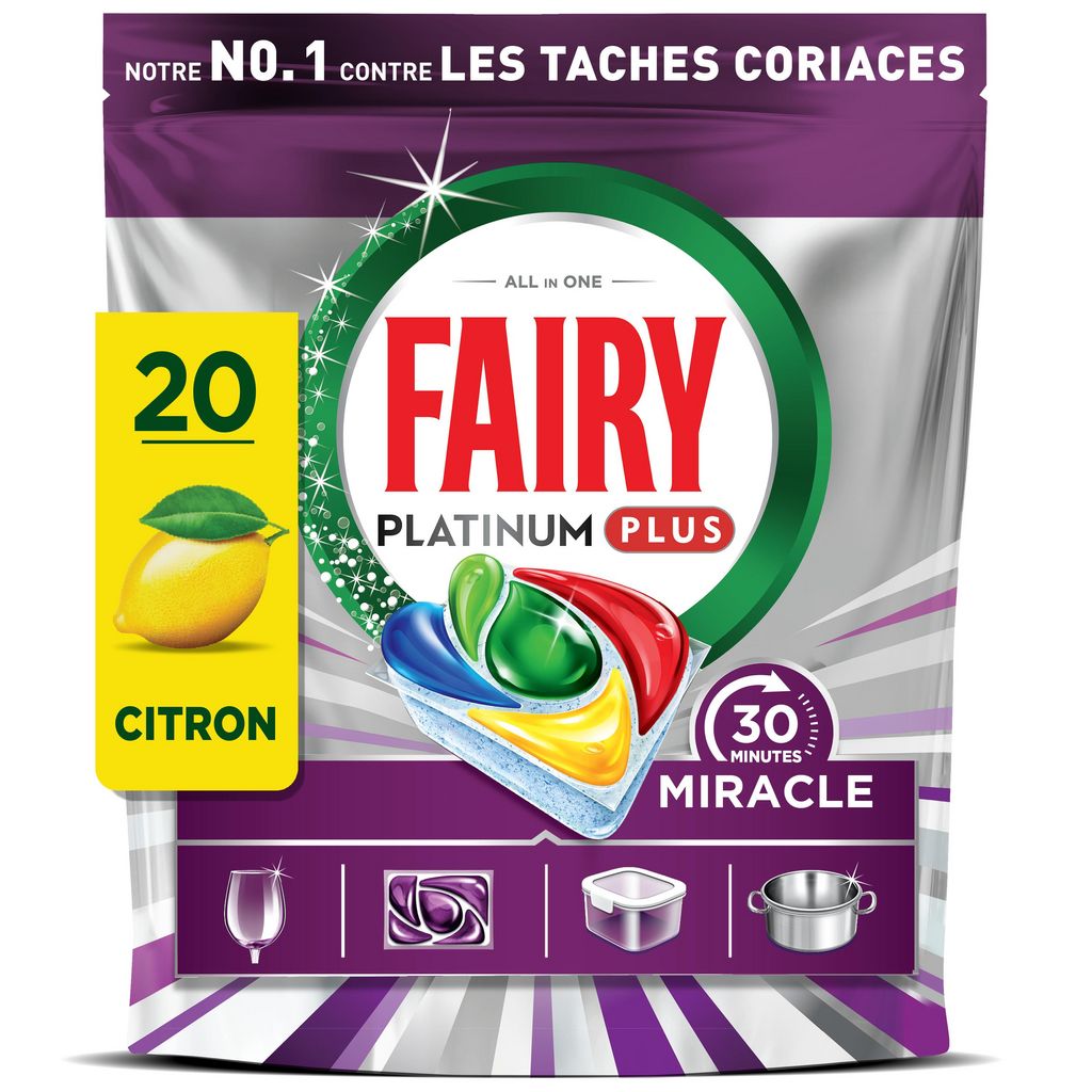 Fairy Platinum Plus Tablettes Lave-Vaisselle Tout-en-1, Miracle Citron, 20 Tablettes