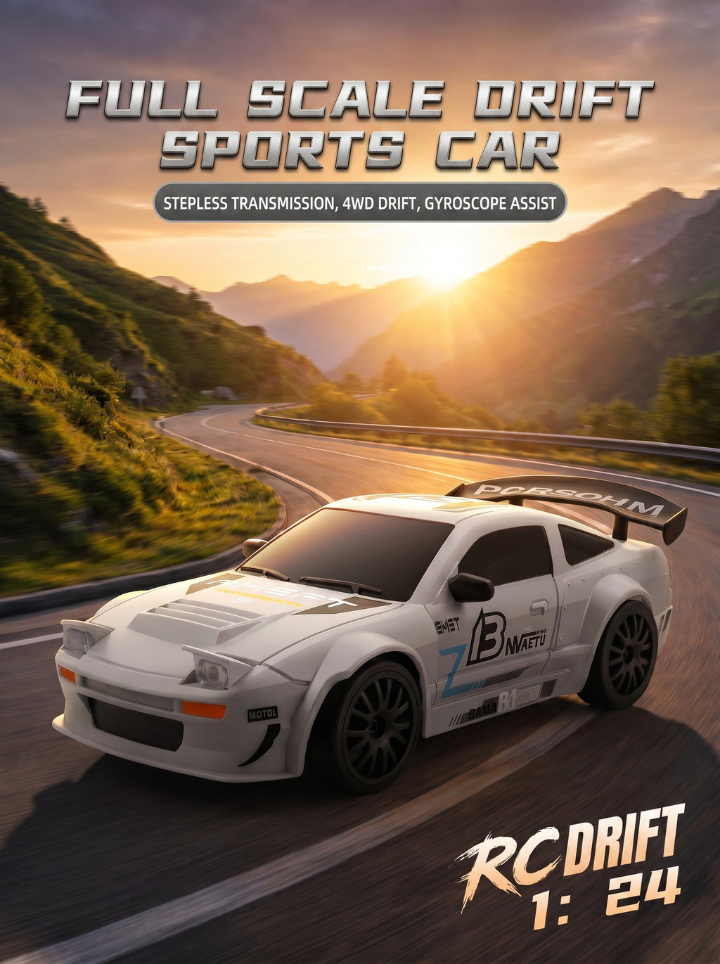 Voiture de Drift RC 4WD 1:24 SKU-A, Gyroscopique Réglable, Lumières LED, Pneus Doubles, Batterie au Lithium & Suspension avec Accessoires Complètes pour Adultes & Adolescents Amateurs, Lot de 1 Blanc