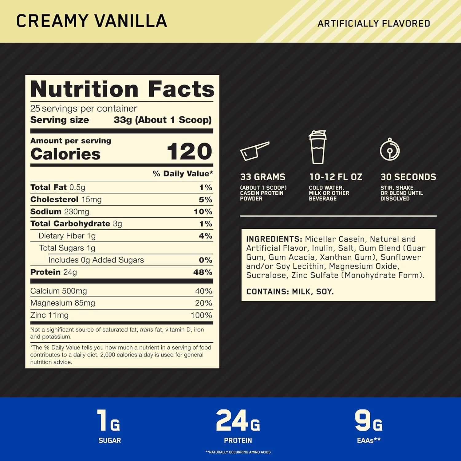 Optimum Nutrition Gold Standard 100 % Caséine, Vanille onctueuse 1,82 kg (55 portions)