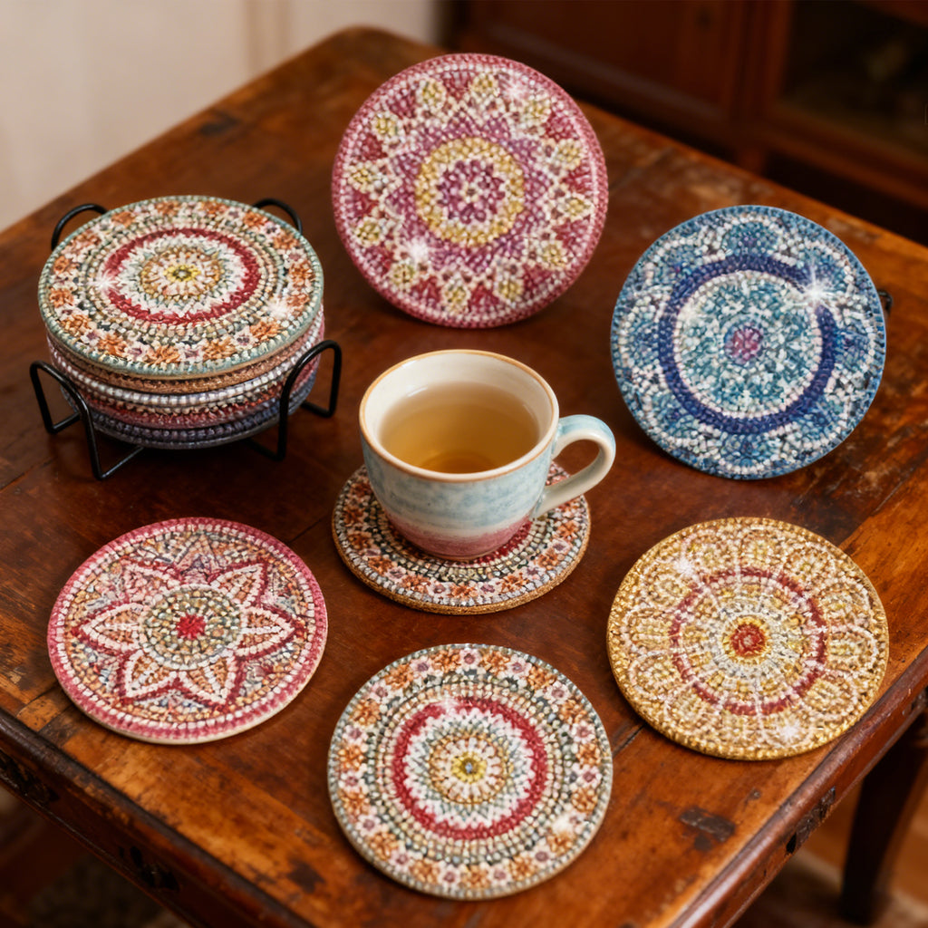 Ju7cer Lot de 6 sous-verres de peinture aux diamants (avec support) - Art de diamants mandala DIY | Fournitures de loisirs créatifs pour débutants adultes 10 × 10 cm (4 × 4 pouces)