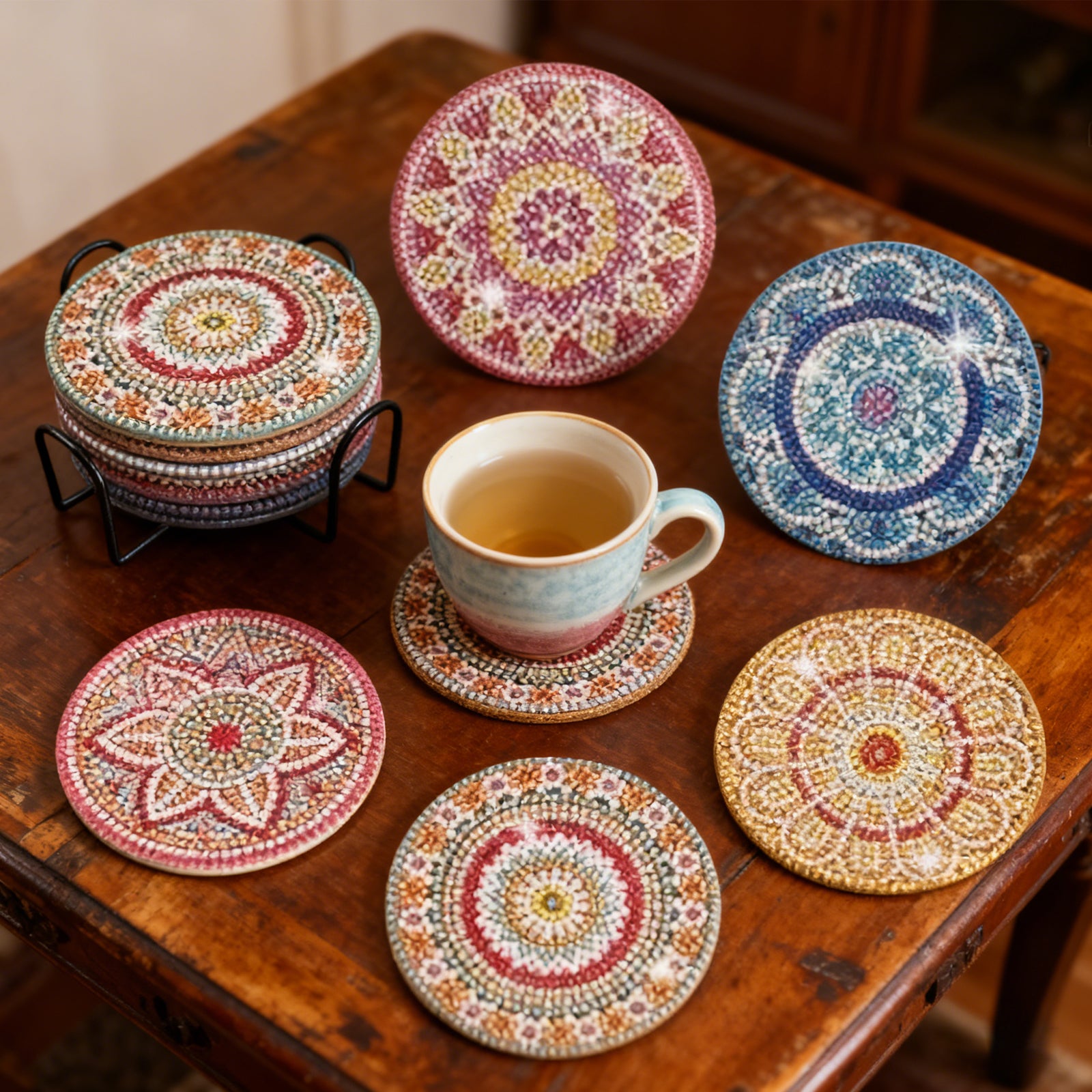 Ju7cer Lot de 6 sous-verres de peinture aux diamants (avec support) - Art de diamants mandala DIY | Fournitures de loisirs créatifs pour débutants adultes 10 × 10 cm (4 × 4 pouces)
