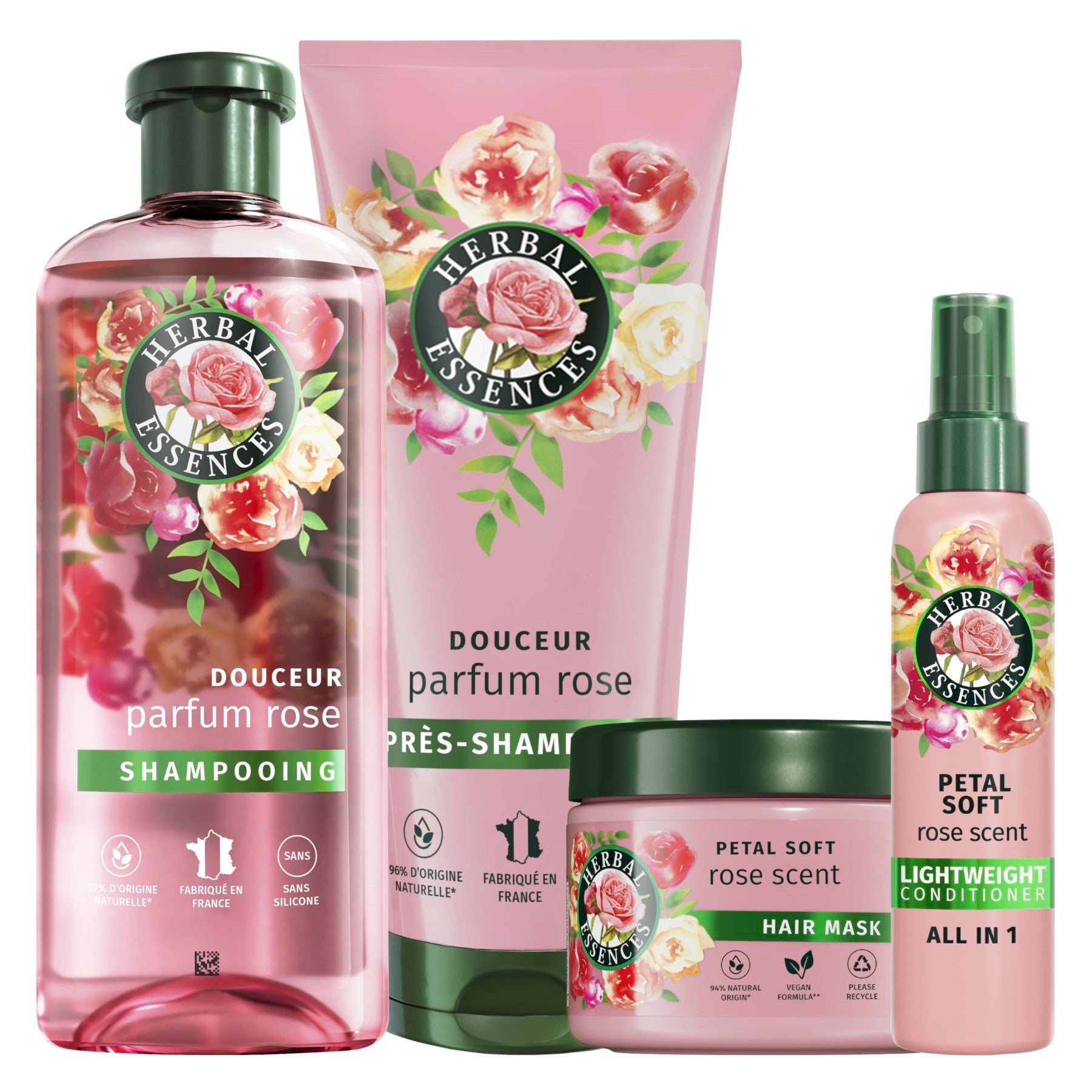 Herbal Essences Routine Douceur Parfum Rose avec Shampooing 250 ml, Après-Shampooing 200 ml, Masque 500 ml Et Spray Tout-en-Un Léger 145 ml