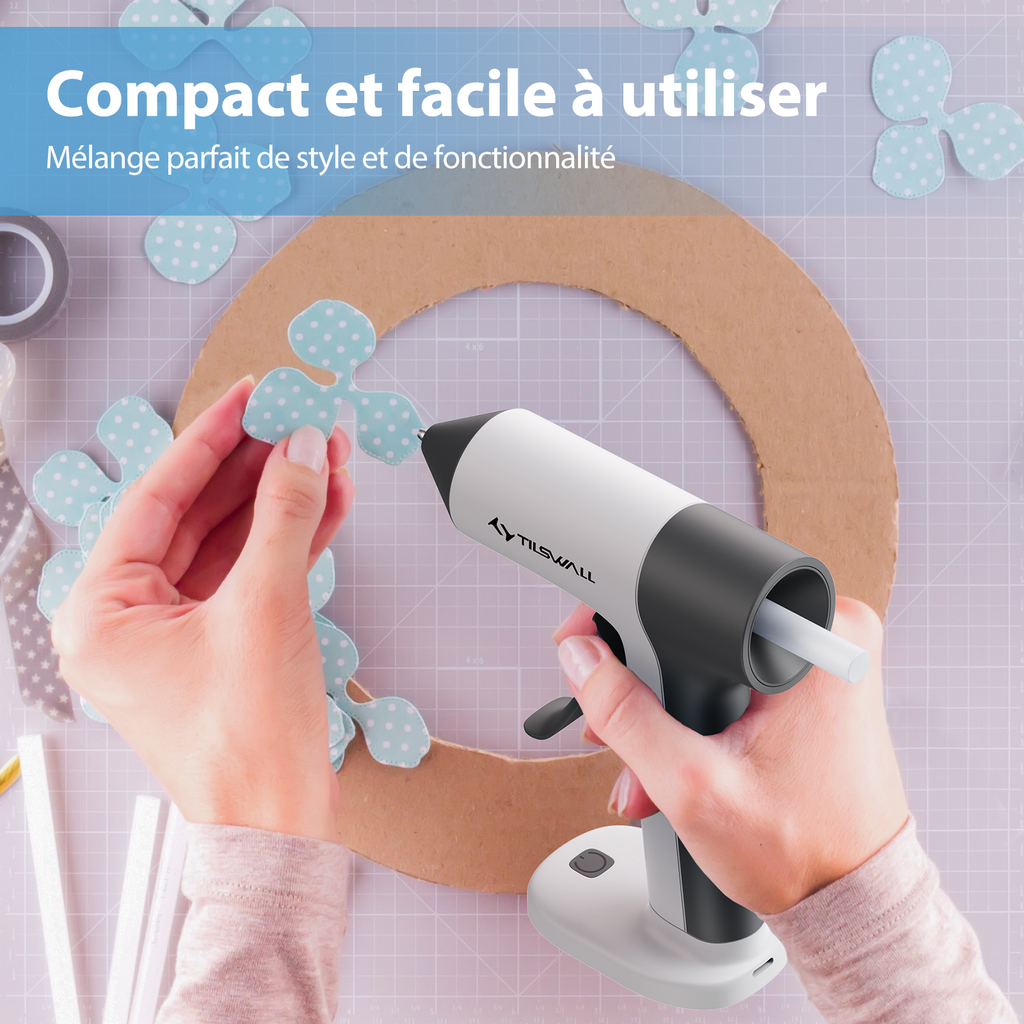 TILSWALL Pistolet à colle thermofusible sans fil, préchauffage rapide 30 s, batterie 2000 mAh, buse anti-goutte, 20 bâtons de colle thermofusible (7 x 140 mm), idéal pour bricolage, loisirs créatifs et réparations - Blanc