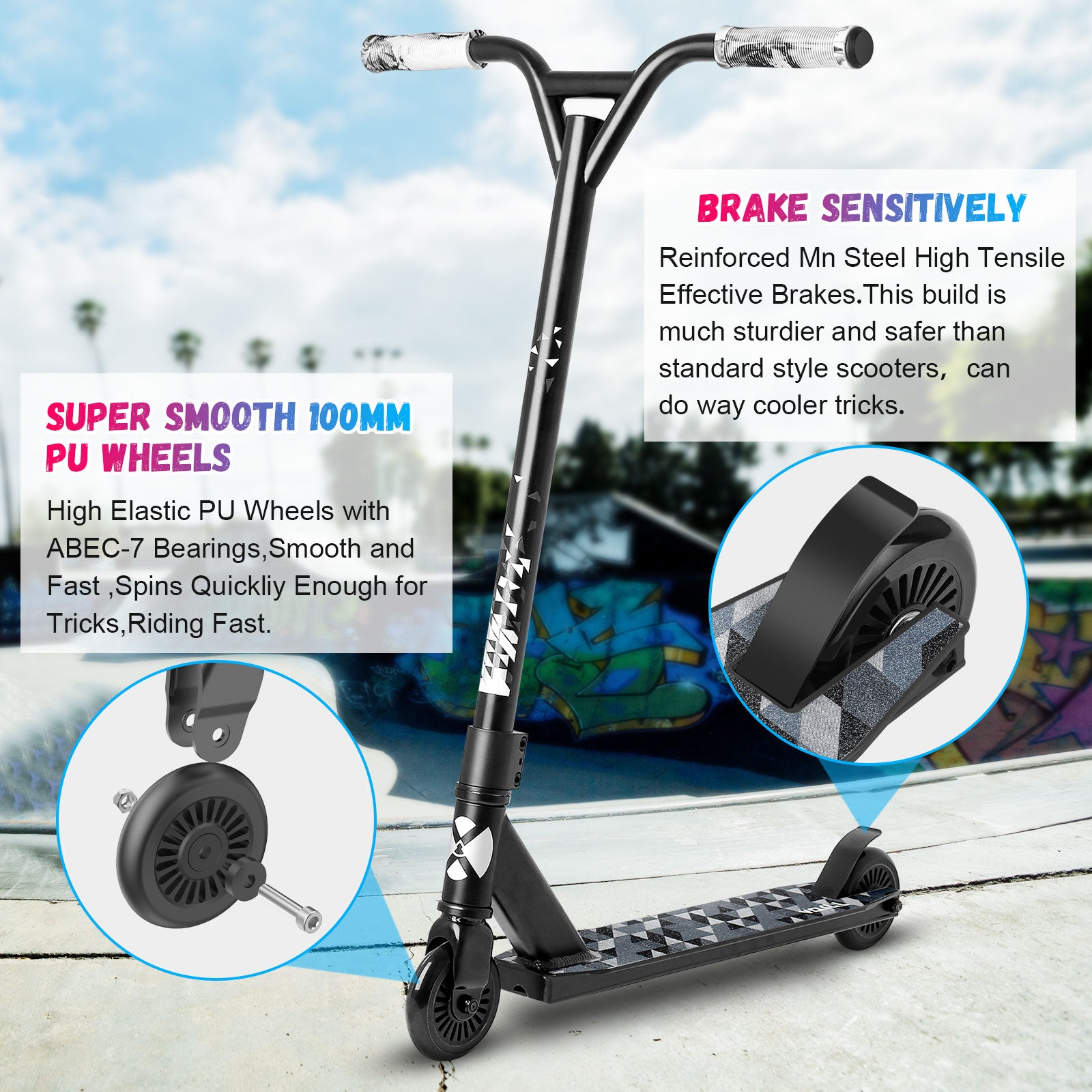VOKUL S2 Trottinette pro complète pour enfants, garçons, filles et adolescents à partir de 6 ans - Trottinette freestyle pro pour figures et cascades - Cadeau haute performance pour figures en skatepark et dans la rue