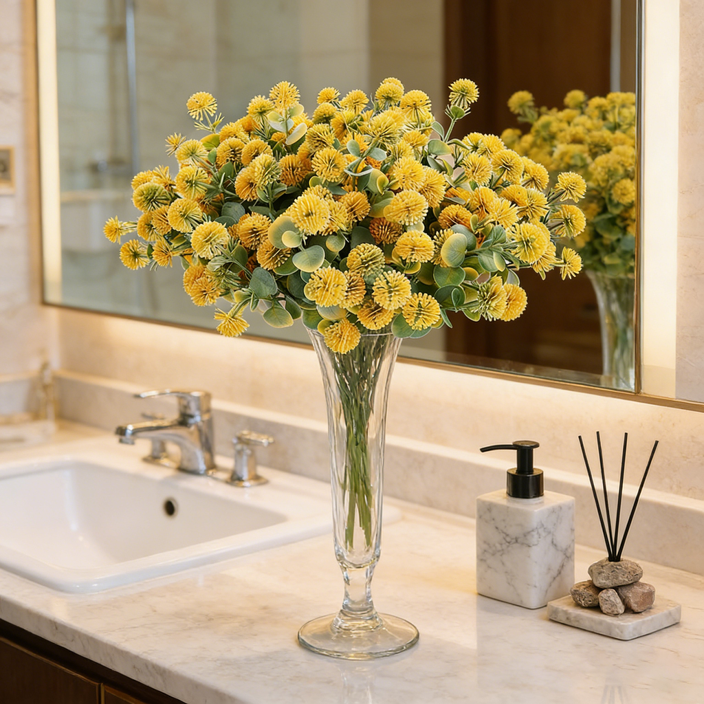Yuejia Bouquet de 4 fleurs Craspédie artificielles 35 cm - Jaune