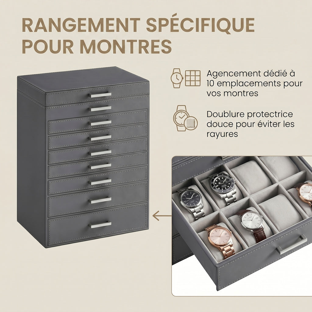 JOYFURNOS Grand Organisateur de Bijoux, Boîte à Bijoux à 8 Niveaux avec Miroir, 7 Tiroirs, Étui de Rangement Moderne, Idée Cadeau, Gris Foncé