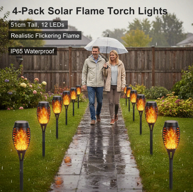 Lumières solaires pour jardin extérieur 4 pièces, 12 LED grandes torches solaires pour extérieur vacillantes hauteur 51 cm, Lampe solaire pour extérieur IP65 étanche