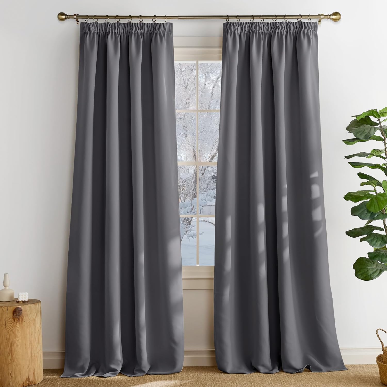 PONY DANCE Store occultant plis crayon, lot de 2, W 140 x H 245 cm (W 55 x H 96 pouces), gris