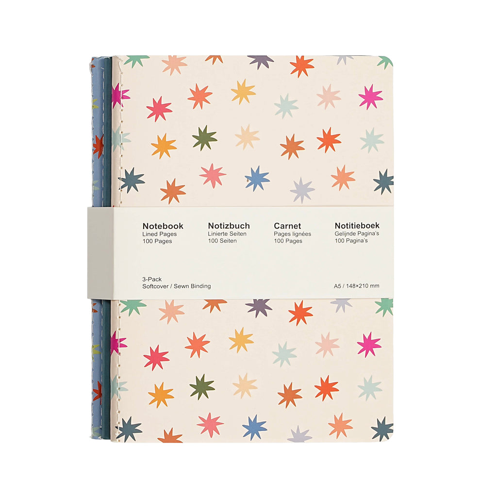Jubiluu Lot de 3 carnets cousus A5 à couverture souple - 50 feuilles 80 g papier offset - Journal ligné crème classique pour école, bureau, journal intime ou prise de notes quotidienne - Floral éclatant