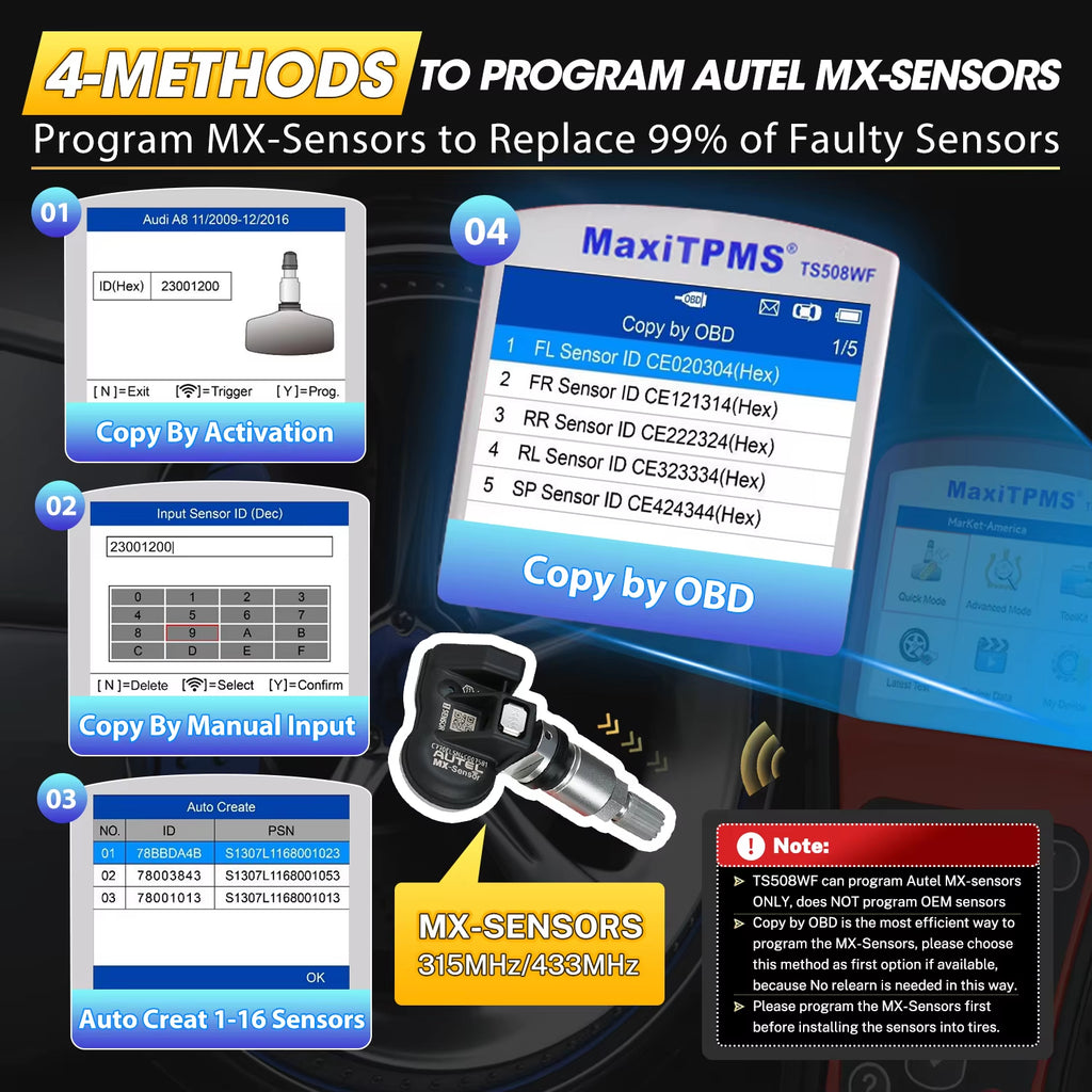 Autel MaxiTPMS TS508WF Outil de diagnostic TPMS automobile OBD2 avec moniteur de pression des pneus, programmateur de capteurs MX, réapprentissage et activation