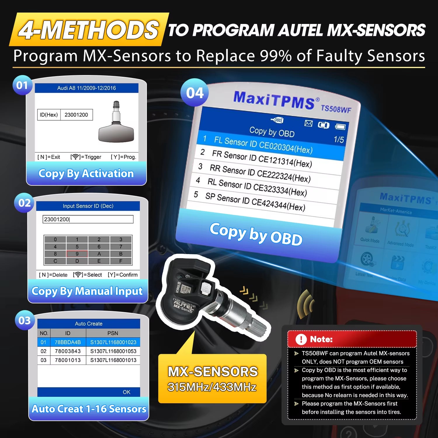 Autel MaxiTPMS TS508WF Outil de diagnostic TPMS automobile OBD2 avec moniteur de pression des pneus, programmateur de capteurs MX, réapprentissage et activation