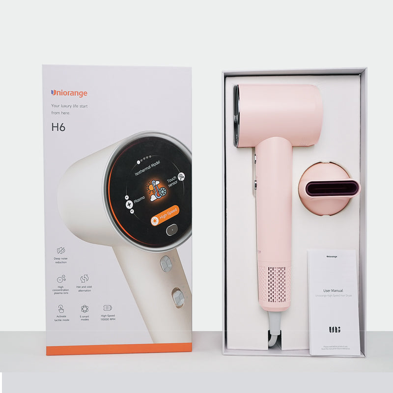 Uniorange H6 Sèche-cheveux à haute vitesse avec technologie plasma, écran LCD HD, 5 modes intelligents, 1600 W de puissance et 1 milliard d'ions plasma