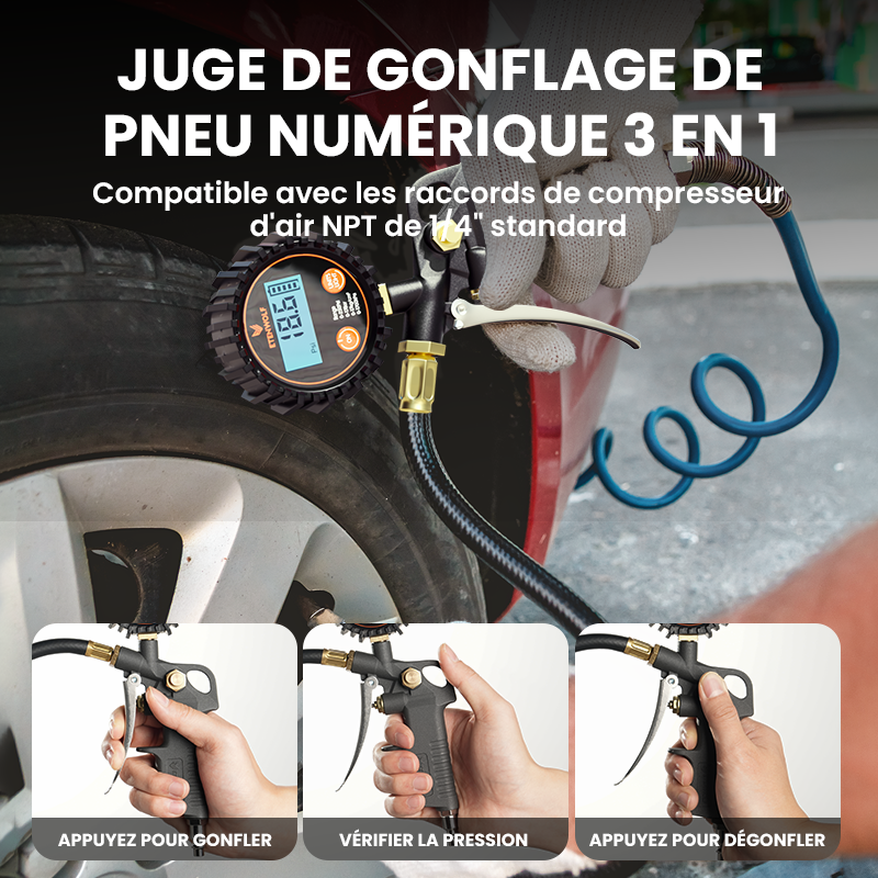 ETENWOLF T500 Manomètre numérique pour pneus avec gonfleur 0-250 PSI, calibré selon ANSI B40.7 grade 2A, embout à air et accessoires pour compresseur avec sac de rangement - Noir
