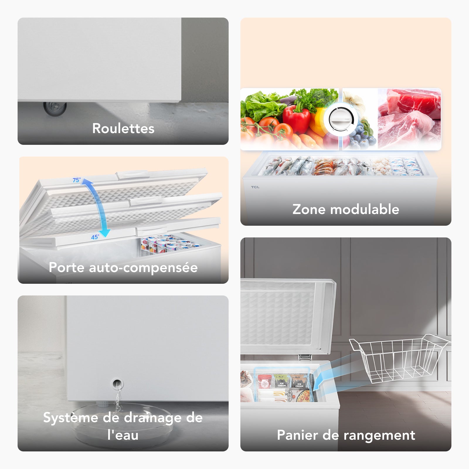 TCL CF126EWE0FR Congélateur avec panier de rangement, charnière de couvercle, thermostat réglable, pieds réglables, classe énergétique E - 98 L