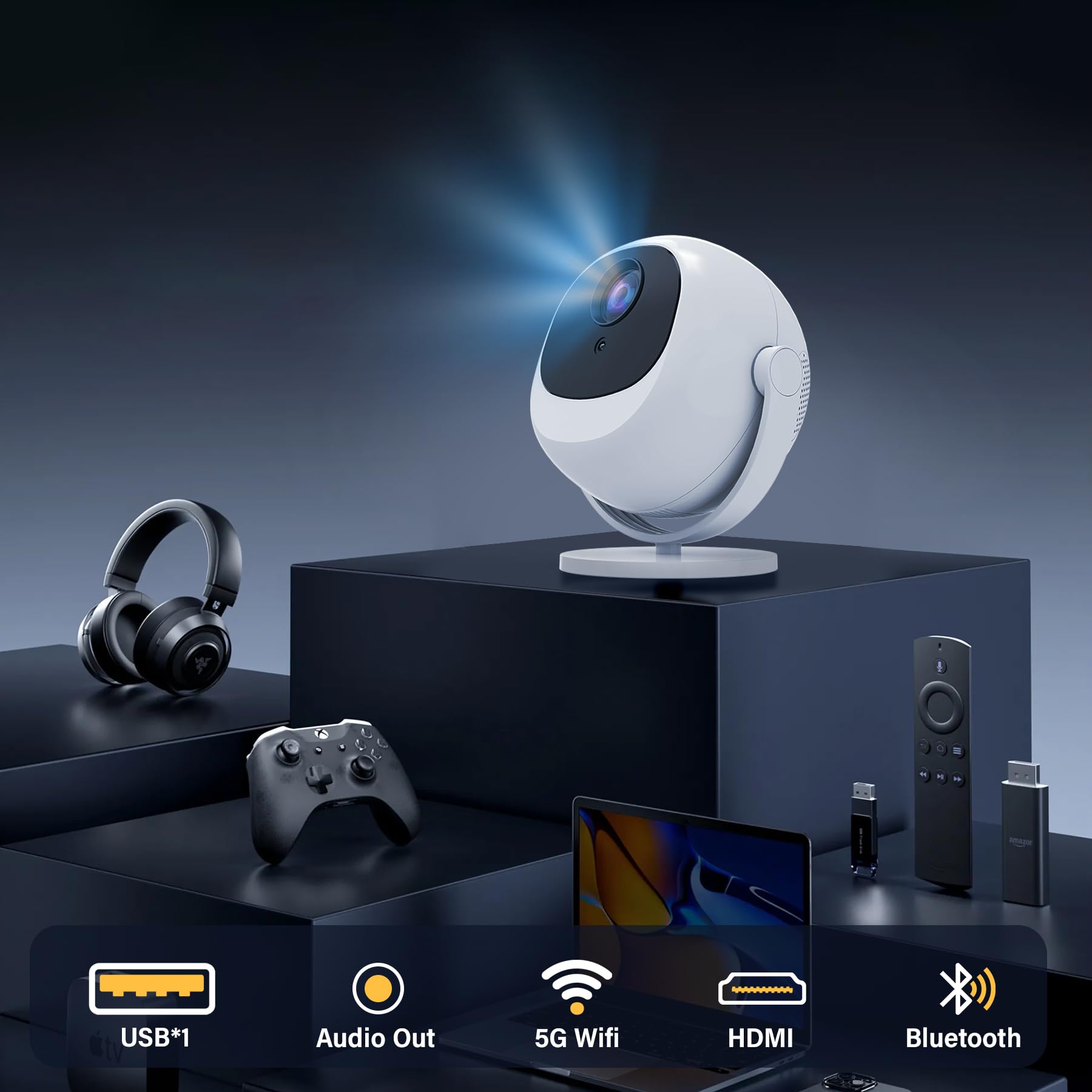 XBJ Projecteur intelligent portable 360°, Full HD 1080P, Rotation à 360° pour projection plafond/mur/table, Projecteur d’extérieur, 500 lumens, Écran 120 pouces, Correction trapézoïdale automatique et 6D, Home cinéma, Wi-Fi/BT/HDMI, Compatible avec t