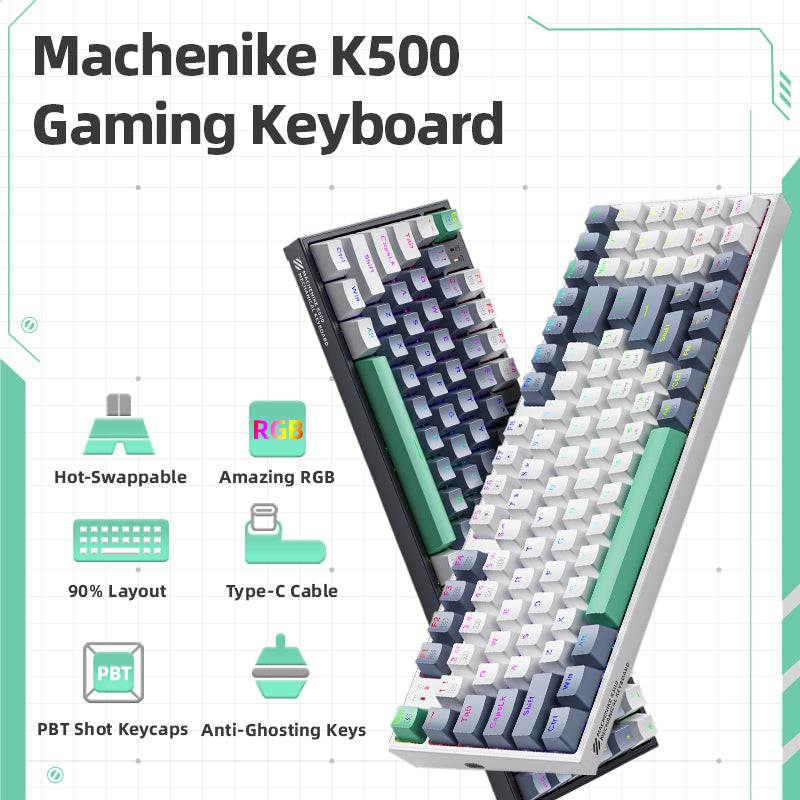 Machenike K500-B94 clavier mécanique filaire 90 %, disposition QWERTY US, switch Brown, RGB, gris