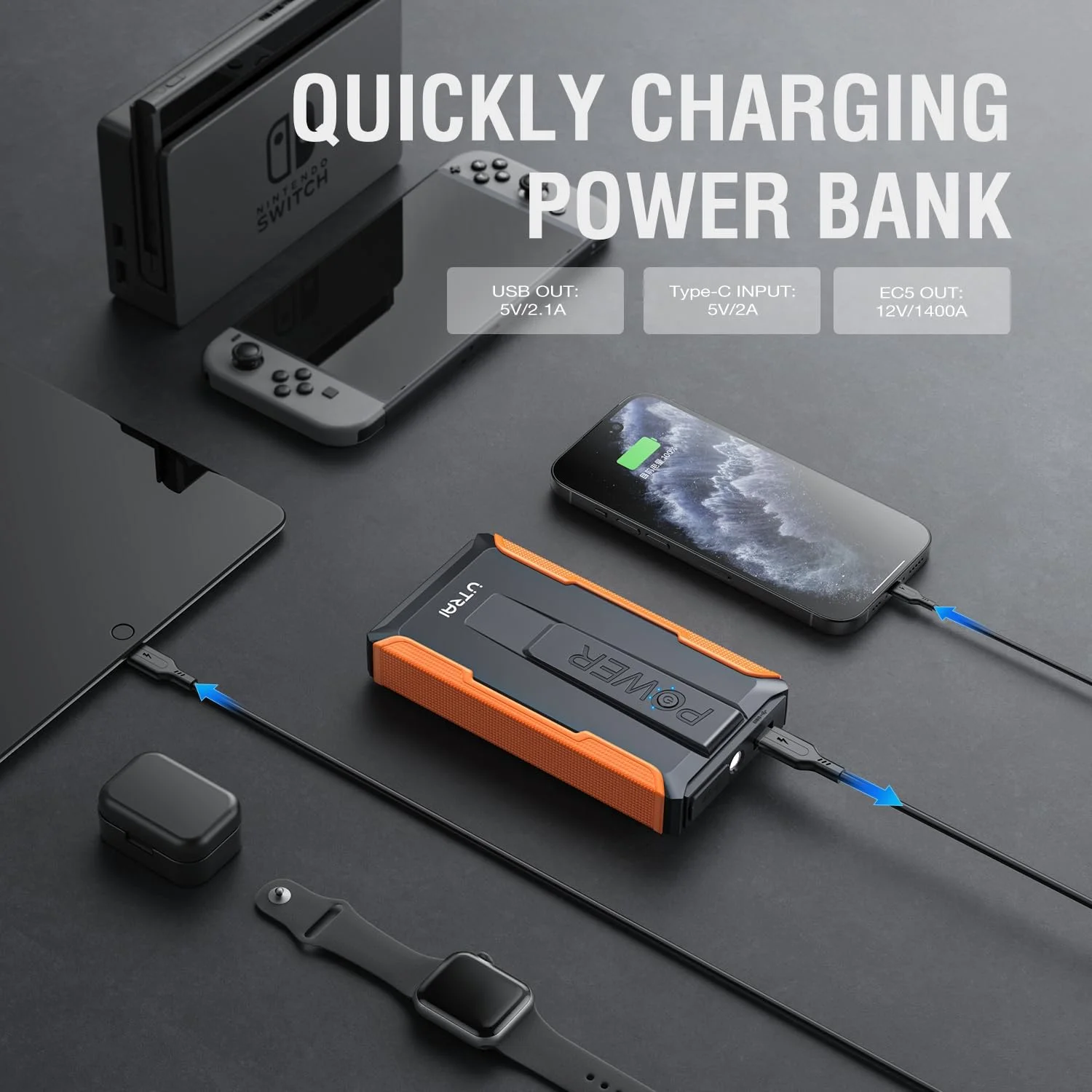 UTRAI T1 Booster de Batterie Portable 2000A, Chargeur de Démarrage pour Moteur Essence 7.5L / Diesel 5.5L, Batterie Externe 13200mAh avec USB Quick Charge 3.0, Bloc de Secours pour Voiture, Hiver