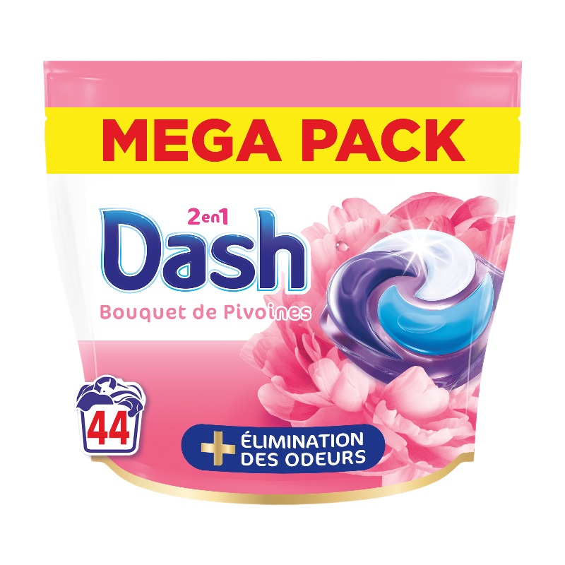 Dash 2-en-1 PODS® Capsules de lessive sélection bouquet de pivoines, 44 doses, Fabriqué en France
