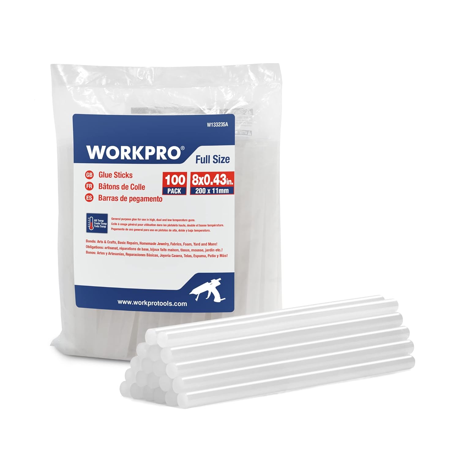 WORKPRO Lot de 100 bâtons de colle thermofusible, 200 x 11 mm, Transparent, Bâtons de pistolet à colle universels pour loisirs créatifs et bricolage