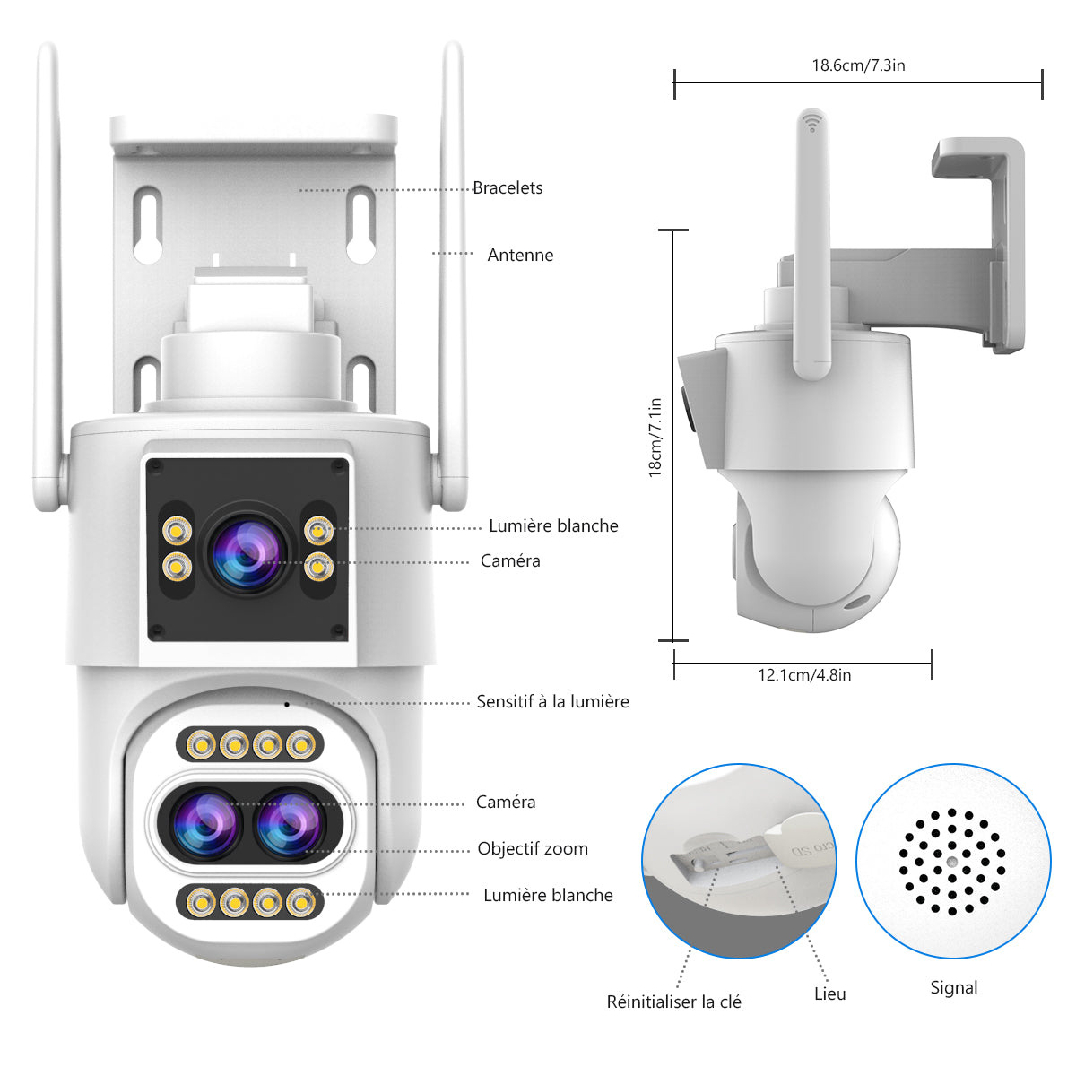 JOOAN Caméra de surveillance extérieure, 3 objectifs, 2 vues, zoom optique 10x et suivi automatique, IP PTZ 360°, Wi‑Fi 2,4 GHz filaire, IP66 étanche, alarme de détection de mouvement, stockage carte 8–256 Go/Cloud, notification SMS