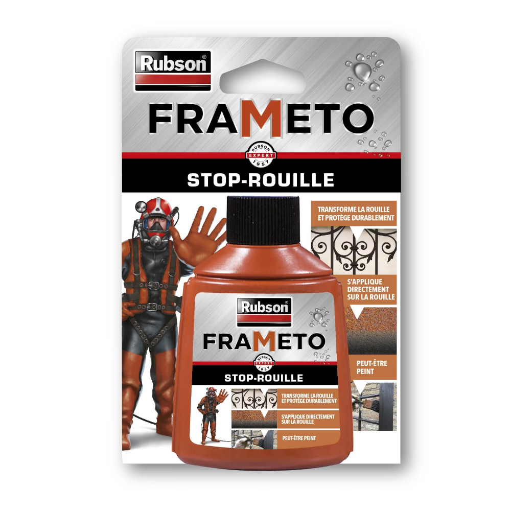 Rubson Frameto Stop-Rouille, Traitement antirouille pour intérieur et extérieur, Convertisseur de rouille à effet immédiat, peut être peint, coloris noir, 90 ml