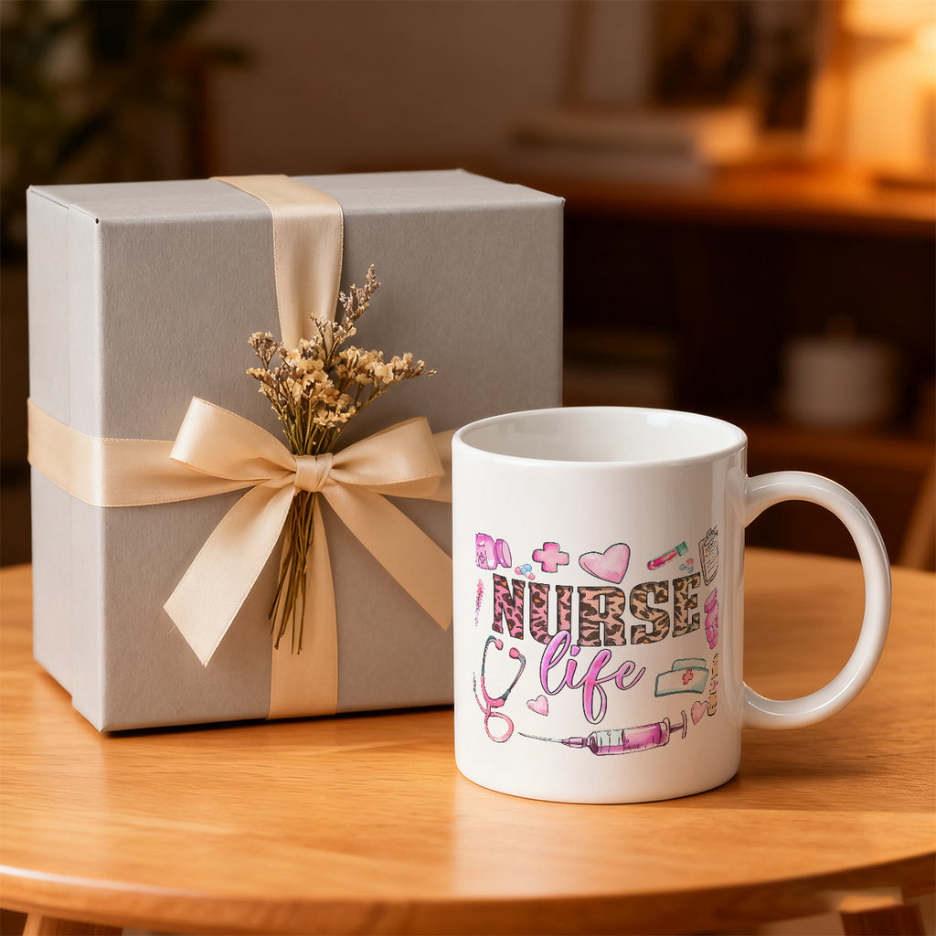 Alphynix Mug en céramique avec citation « Nurse Life », motif léopard et médical - 33 cl