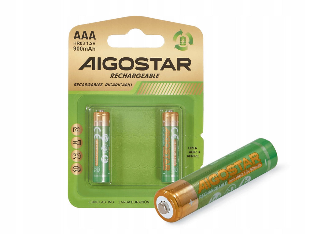 Aigostar Lot de 2 piles rechargeables AAA 900 mAh 1,2 V