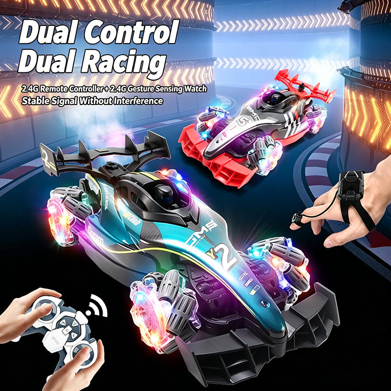 4DRC Y2 Voiture RC de télécommande gestuelle pour enfants de 6 à 12 ans, 2,4 GHz, 4x4, rotation à 360°, voiture de cascade RC Drift avec lumières, musique et spray, échelle 1:12, jouet voiture cadeau pour garçons et filles