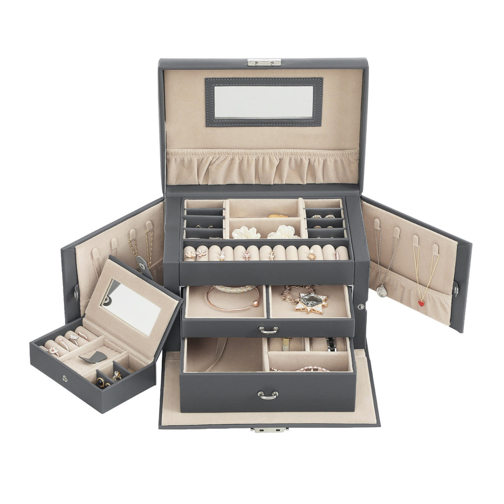 JOYFURNOS Boîte à bijoux, Organisateur de bijoux avec 2 tiroirs, Boîte à bijoux verrouillable avec miroir, Étui de voyage portable, Pour bagues, bracelets, boucles d'oreilles, colliers, Doublure en velours, Cadeau, Gris