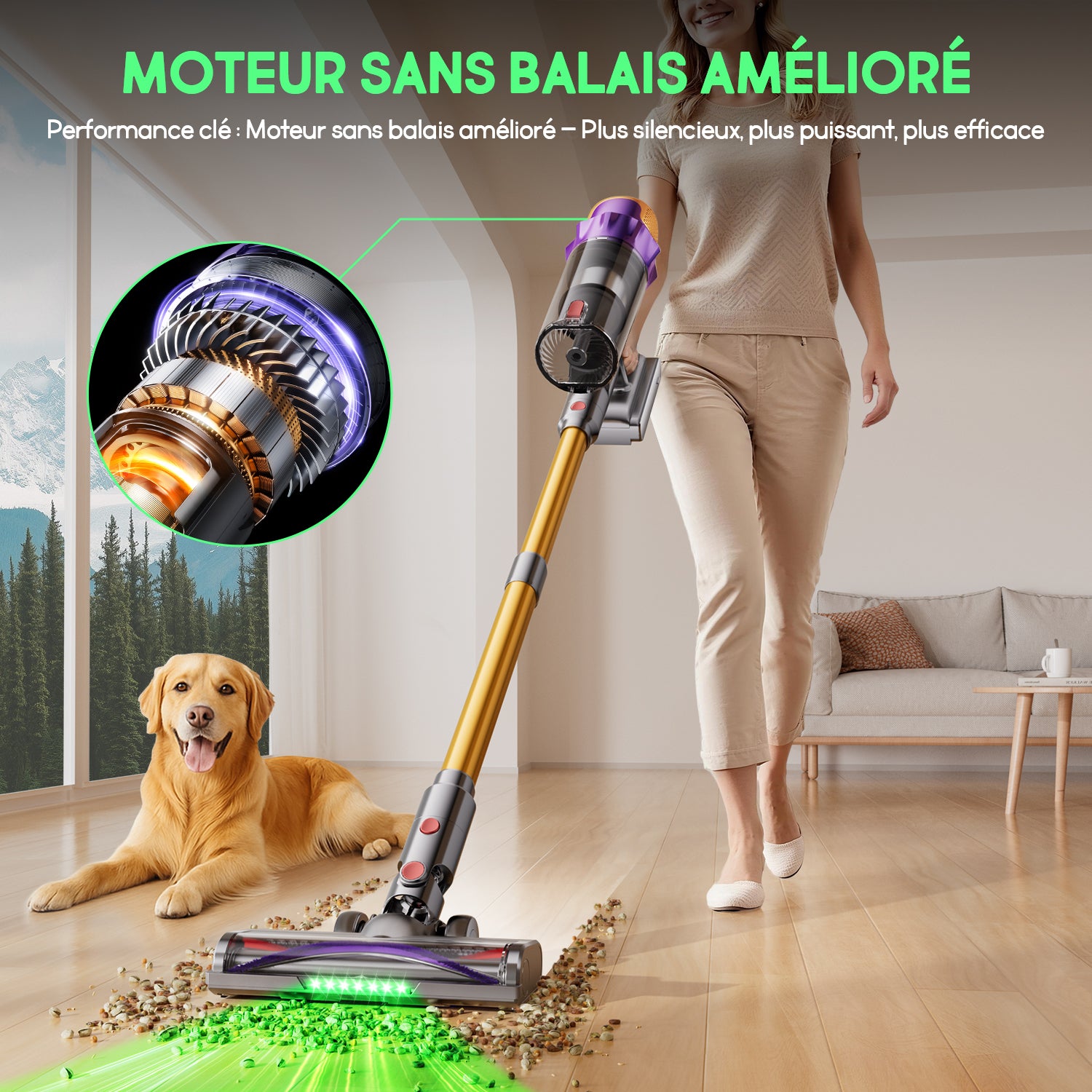 Daynee Aspirateur sans fil 65 kPa/70 min avec écran, tuyau de 1 m et brosse anti-enchevêtrement, HEPA*4, pour poils d'animaux, tapis et sols durs