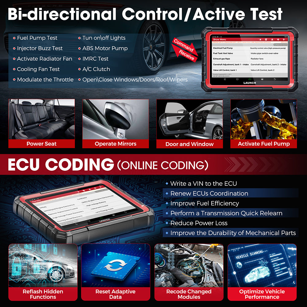 Launch X431 PRO ELITE Valise de diagnostique automobile 8" avec scanner OBD/OBD2, tous systèmes, CAN-FD/DOIP, tests actifs et 31 réinitialisations ECU