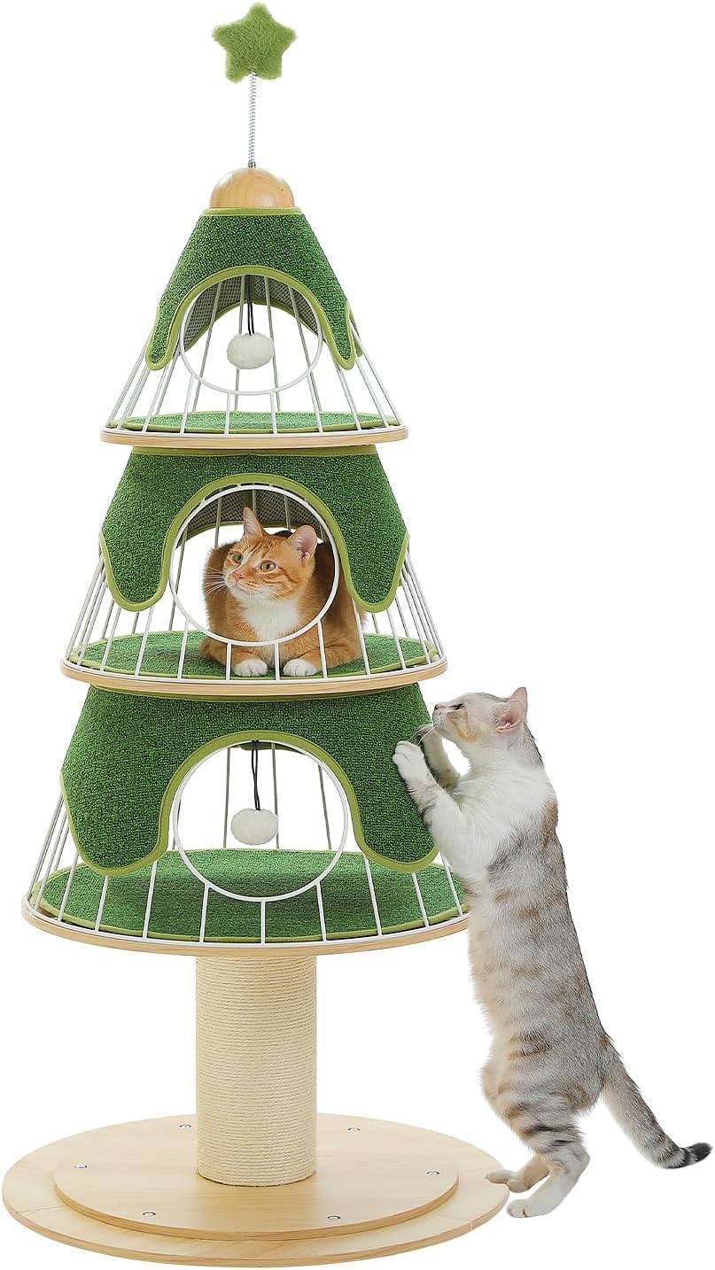 PAWZ Road 130 cm arbre à chat de Noël, tour pour chat avec griffoir recouvert de sisal de 14 cm et 3 grandes niches pour chat, grand griffoir pour chat pour chats d'intérieur, vert