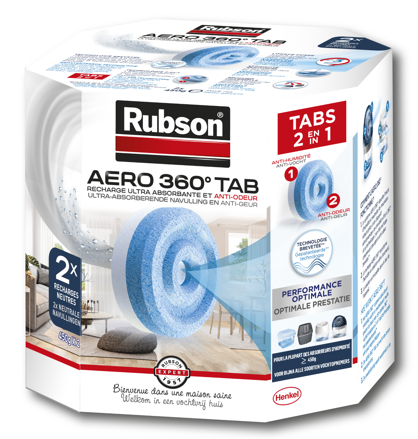 Rubson AERO 360° Recharges en tabs neutres pour absorbeur d'humidité, recharges pour déshumidificateurs AERO 360° ultra absorbantes et anti odeurs, 2 x 450 g