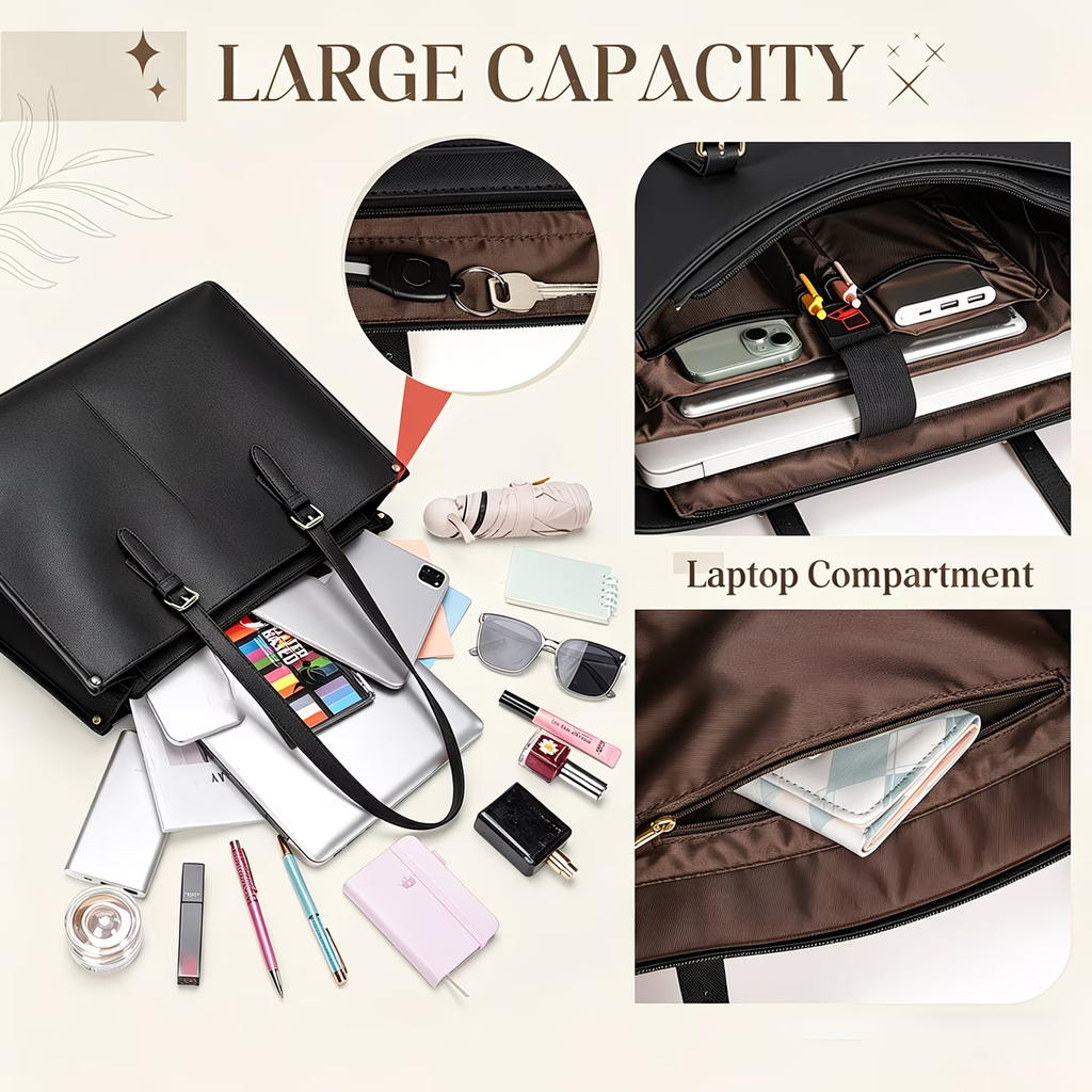 Sac cabas pour ordinateur portable avec compartiment déjeuner isotherme, sacoche en cuir synthétique polyuréthane 15,6 pouces avec poche étanche pour boîte à déjeuner pour femme
