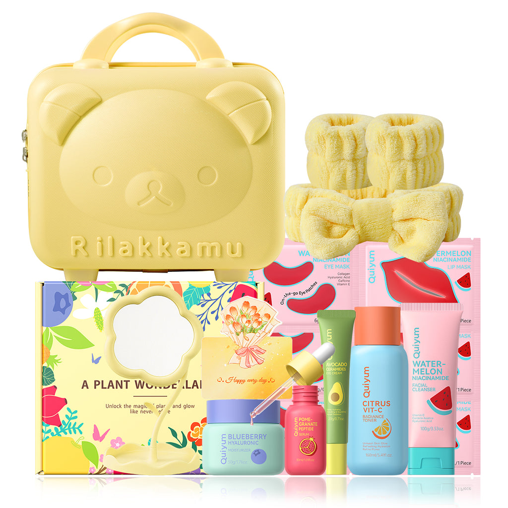 Quiyum Coffret de soins aux fruits (14 pièces) : nettoyant 100 g, lotion tonique 160 ml, crème contour des yeux 20 g, sérum 30 ml, crème 50 g, masques pour les yeux 6 g × 3